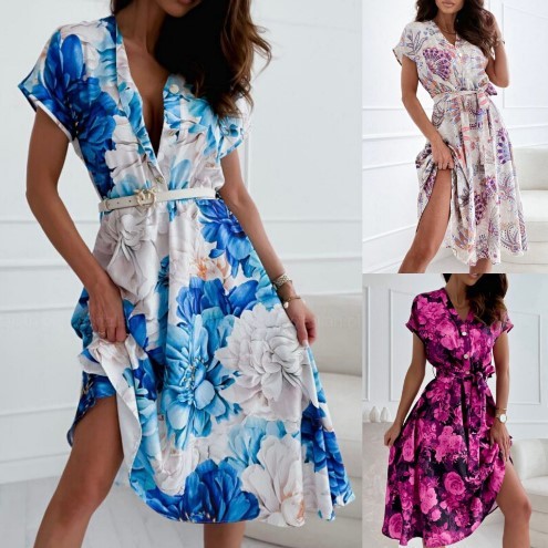 Summer V-neck Printed Short Sleeve Dress