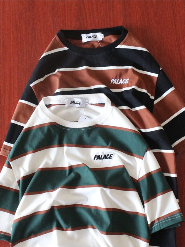 Striped colorblock embroidered letter T-shirt