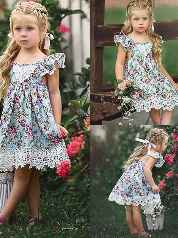 فستان دانتيل مطبوع عليه زهور مكسورة بأكمام طائرة مكشوفة الأكتاف للفتيات في الصيف الأوروبي والأمريكي ملابس أطفال