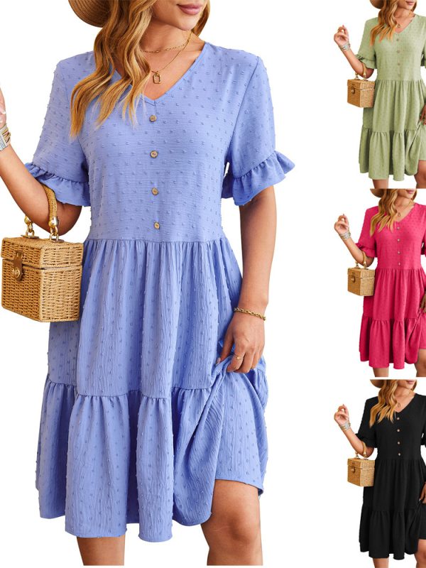 New V-neck Ruffle Short-sleeved Dress Summer Casual Fashion Button Jacquard Design Pleated Dresses Solid Color Womens Clothing