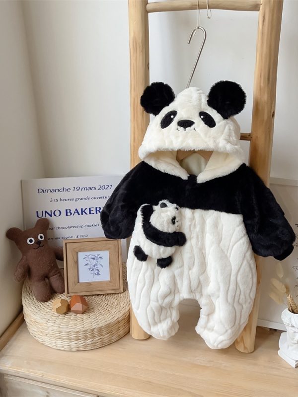 Winter Clothes Baby Jumpsuit Fleece-lined Lesser Panda Plush Hooded Jumpsuit