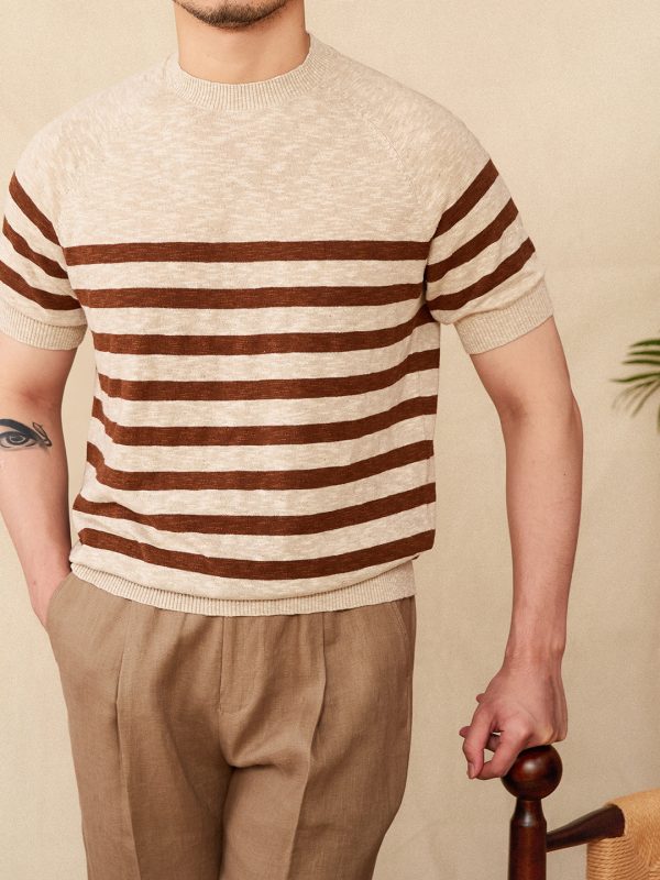 Linen Leisure Cotton Short Sleeve Round Neck Stripe Knitted T-shirt