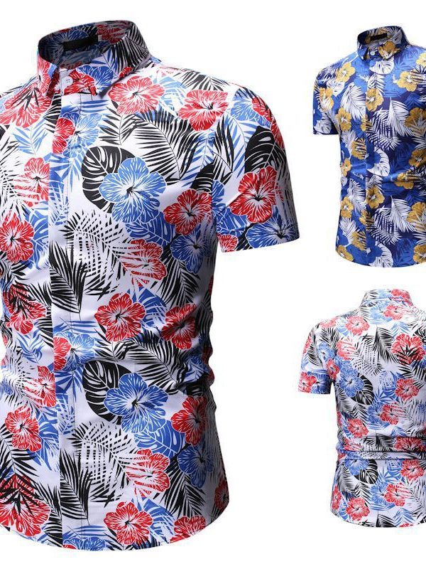 قميص رجالي صيفي قصير الأكمام مزين بنقشة زهور للشاطئ