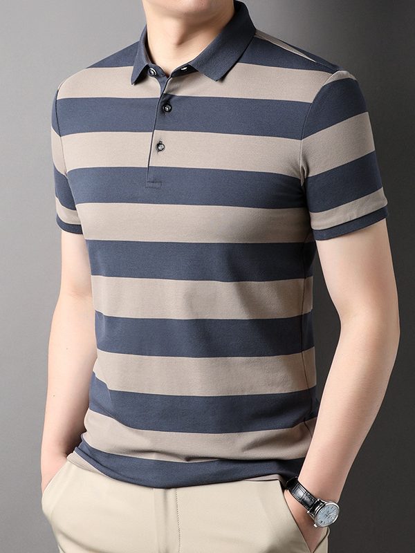 Men's Polo Shirt Short-sleeved Lapel T-shirt 2024 Striped Business Casual Lead Basic All-matching