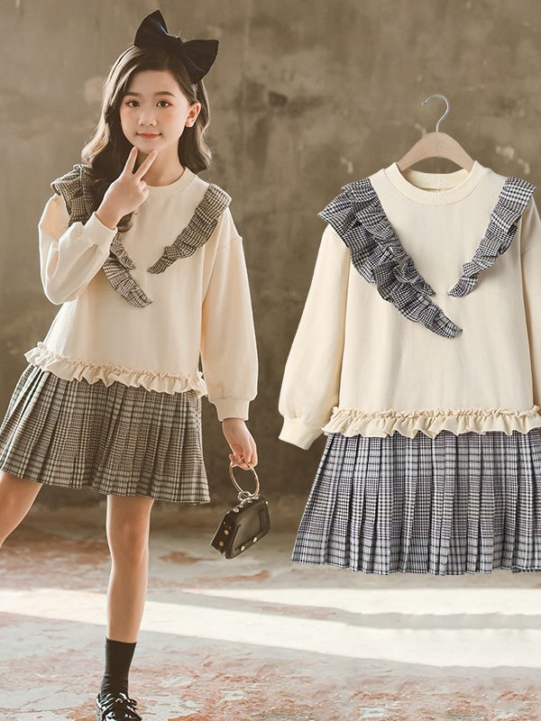 فستان بناتي كبير على الطراز الكوري مع ثنيات منقوشة