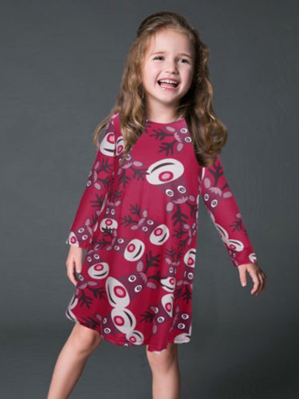 Fashion Casual Santa Printed Long Sleeve Girls Dress