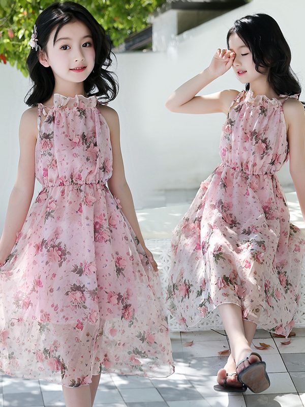 فستان بناتي مع تنورة مزينة بالزهور