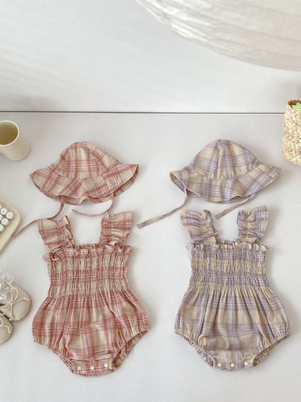 Thin Summer Clothing Baby Girl Color Matching Plaid Onesie Clothes Get Hat For Free