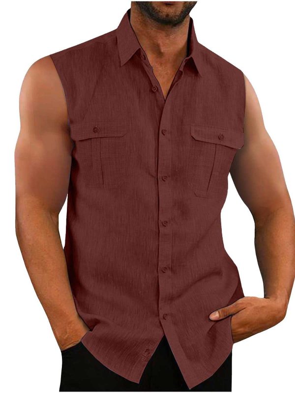 European And American Men's Shirt Double Pocket Cotton And Linen