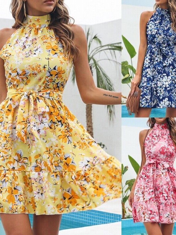 Halter Dresses Women Floral Print Sleeveless Swing Chiffon Holiday Dress
