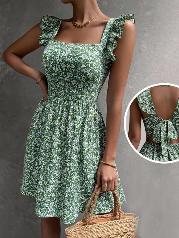 Summer Square-neck Ruffled Sleeveless Dress With Bow-tie Backless Design Fashion Casual Holiday Beach Dresses For Womens Clothing