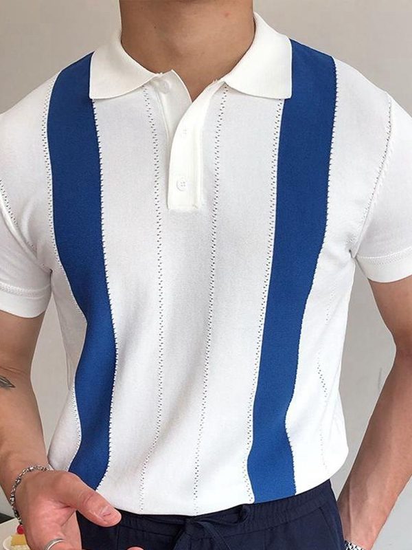 Men's White Striped Slim-fit Short-sleeved Sweater