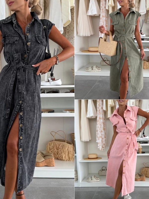 Women's Casual Sleeveless Lace-up Long Dresses Fashion Pockets Solid Party Office Elegant Lapel Single Breasted Denim Dress Summer