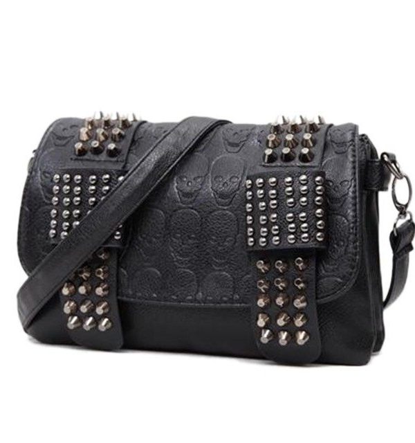 Fashion Women Black Leather Messenger Bags Fashion Vintage Messenger Cool Skull Rivets Shoulder Bags