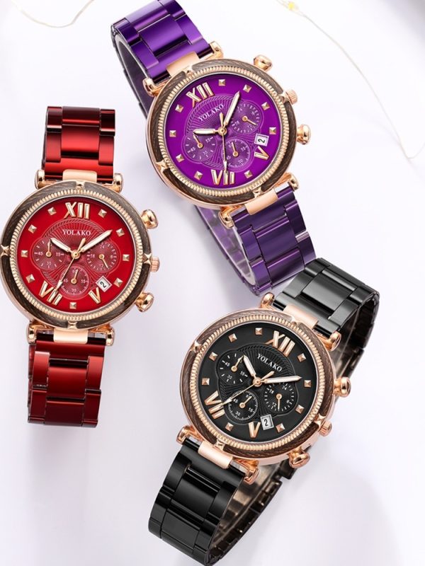 ساعة كوارتز نسائية من الفولاذ المعدني بتقويم ثلاثي العيون