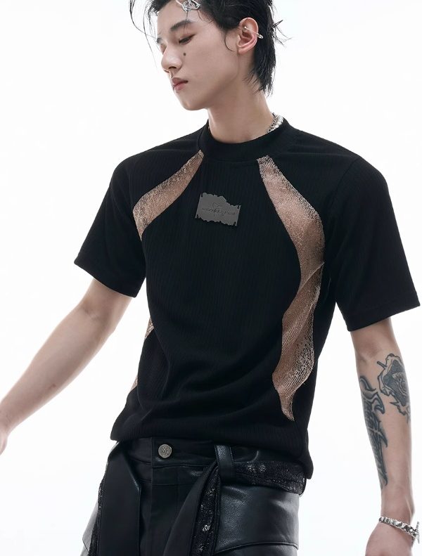 قميص Niche Deconstruction Contrast Color Retro بأكمام قصيرة وقصة ضيقة وبطانة من نسيج Pit