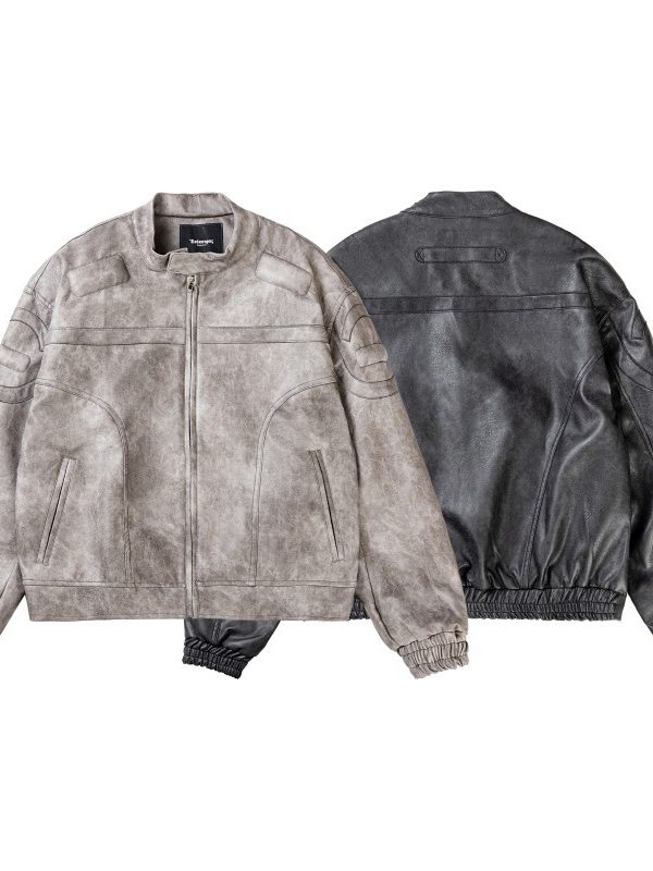 Marbling PU Leather Jacket Stand Collar Motorcycle Jacket