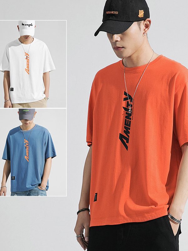 تي شيرت فضفاض بلون سادة مع طباعة برقبة دائرية