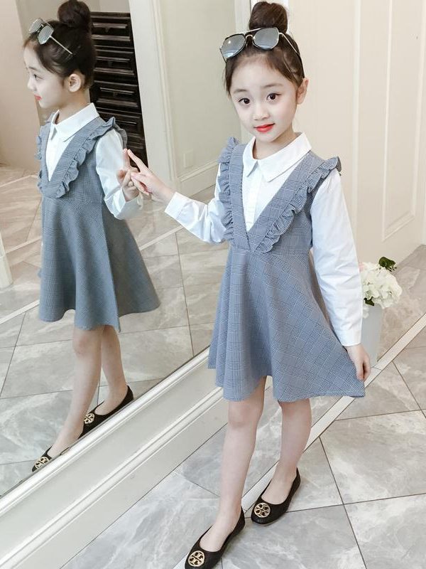 Girls' Long-Sleeved Dresses, Big Kids' Fake Two-Piece Plaid Skirt