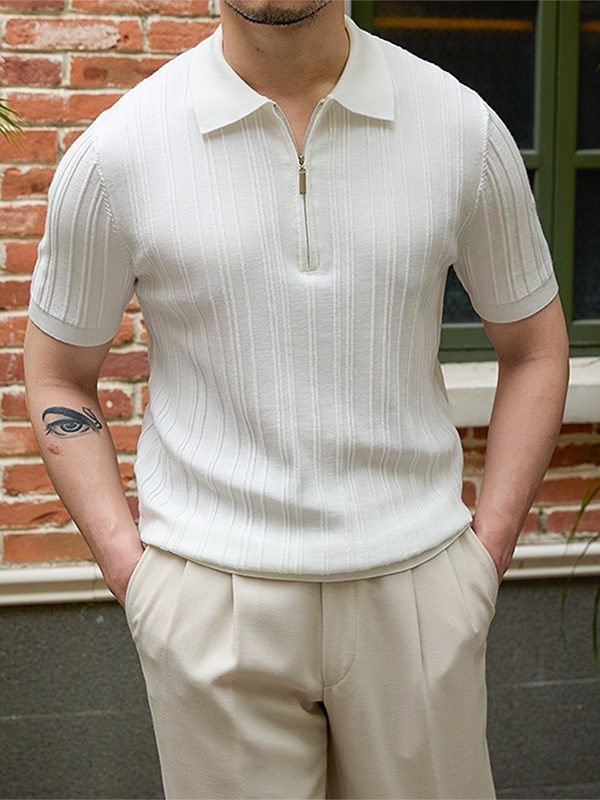 All-matching Slim Fit Sunken Stripe Knitwear Short Sleeve