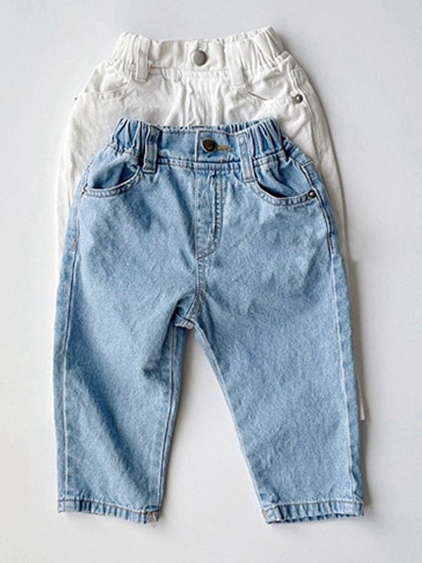 بنطلون جينز كاجوال بخصر مطاطي بتصميم جديد وبسيط وسهل التناسق للأطفال
