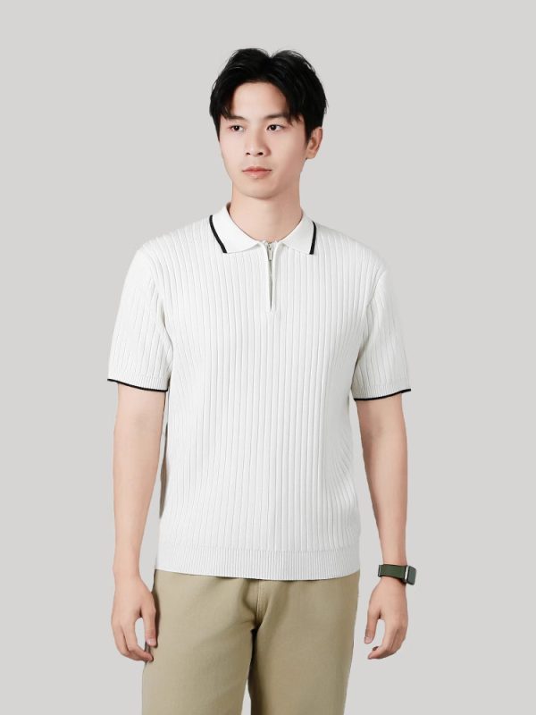 Men's Half-zip Ice Silk Knitted Lapel Vertical Striped Top