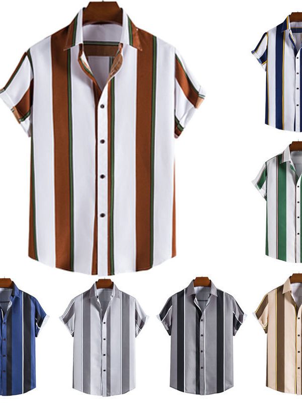 قميص رجالي جديد مخطط بأكمام قصيرة