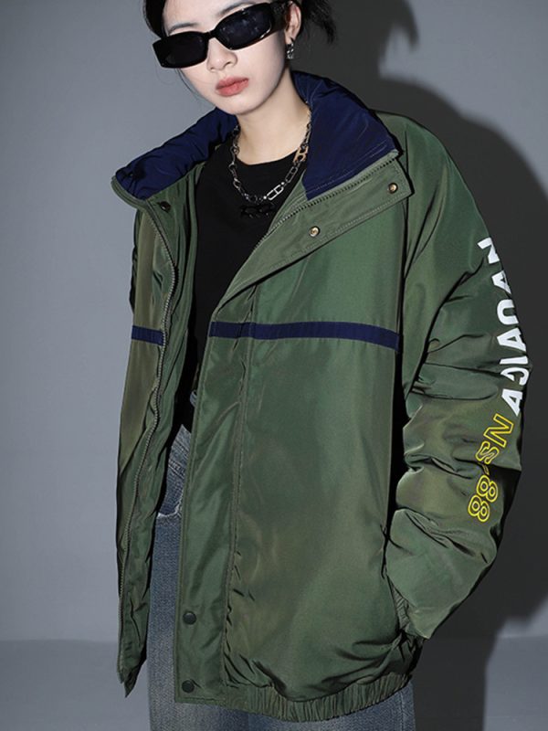 Women's Army Green Stand Collar Workwear Cotton Padded Jackets Retro Loose