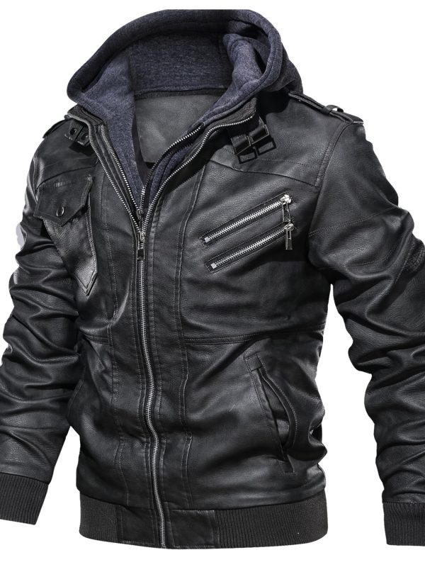 Men's Leather Jackets, Faux Leather Jacket For Men Lapel Zip-Up Slim Fit Coat