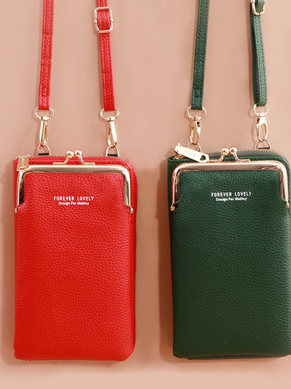 Mobile Phone Bag With Lock Design Korean Style Fashion Lychee Pattern Crossbody Bags For Women