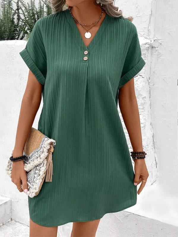 Fashion V-neck Short-sleeved Dress Casual Solid Strip Button Dresses Womens Clothing