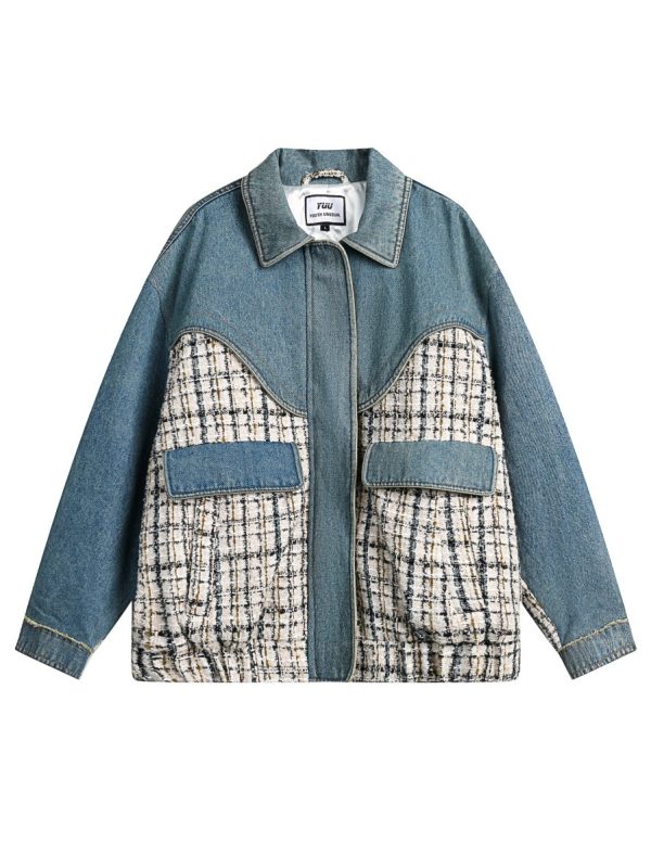 Retro Debutante Style Denim Splicing Coat