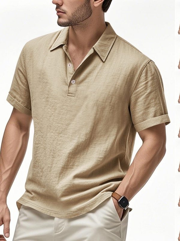 Men's British Casual Buckle Loose Linen Lapel Polo Shirt