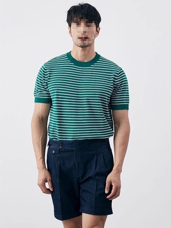 Men's High-grade Casual Striped Round Neck Knitted T-shirt