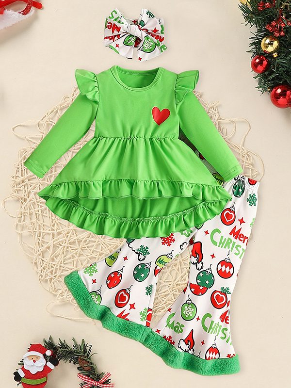 Toddler Baby Girls Christmas Clothes Ruffle Long Sleeve Heart Print Tops Dress Christmas Ball Print Flared Pants With Headband Outfits Set