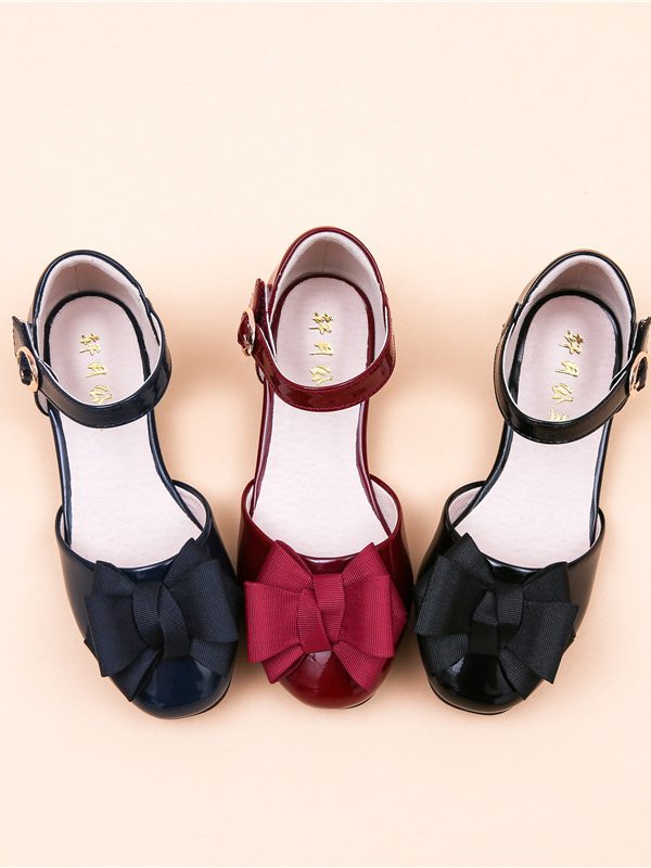 Big Kids' Hollow Velcro Patent Leather Shoes With Bow