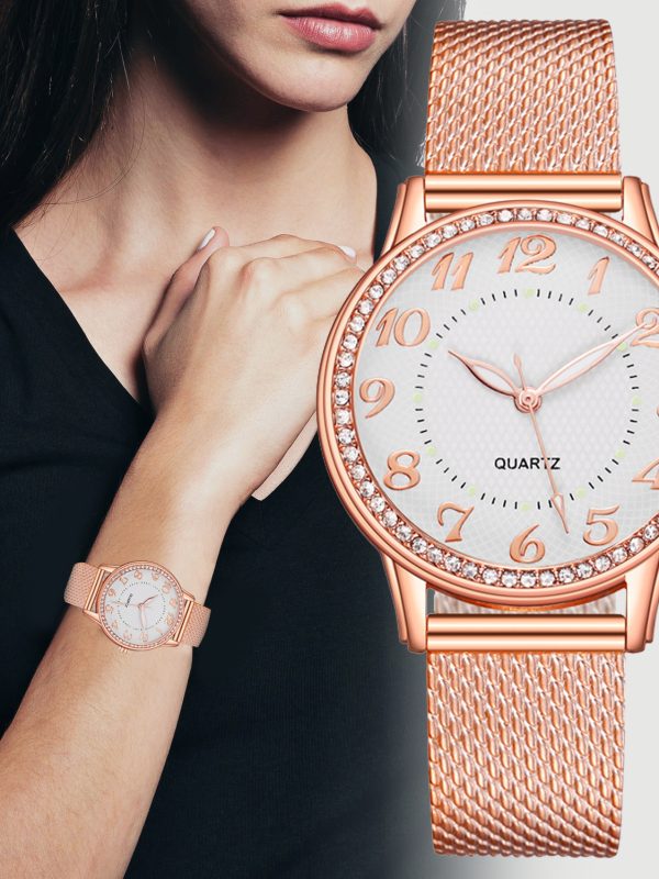 ساعة نسائية مرصعة بالألماس المضيئة بحزام شبكي أنيق للأعمال