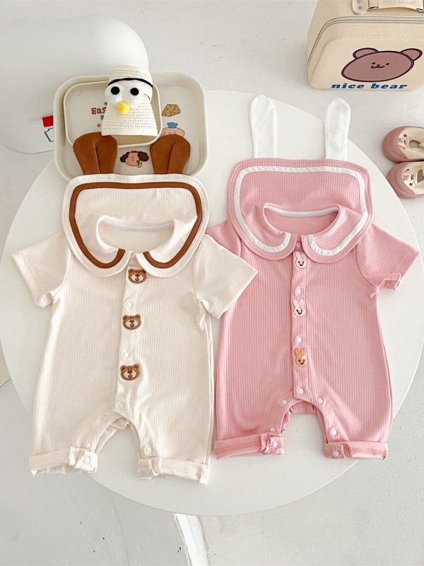 جمبسوت بأذن أرنب على شكل دب صغير، ملابس صيفية مخططة من القطن للخروج