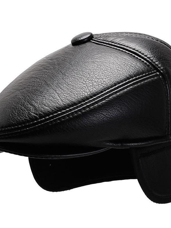 Grandpa Leather Hat Men's Autumn And Winter Fleece-lined Warm Leisure PU Ears Protection Peaked Cap