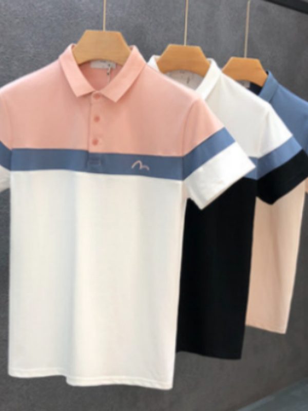 تي شيرت رجالي صيفي عالي الجودة بألوان متباينة وياقة رفيعة