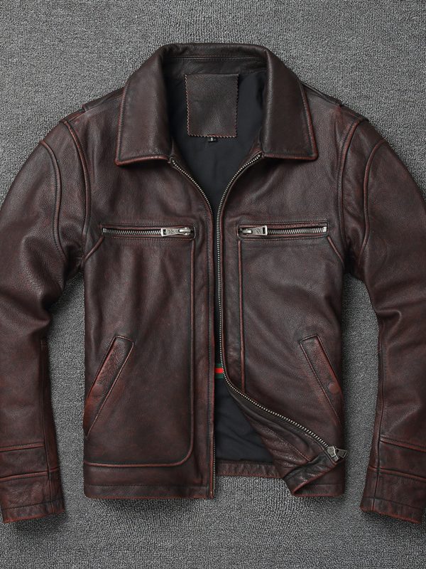 Retro Pure First Layer Cowhide Leather Men's Short Motorcycle Stonewashed Distressed Coat