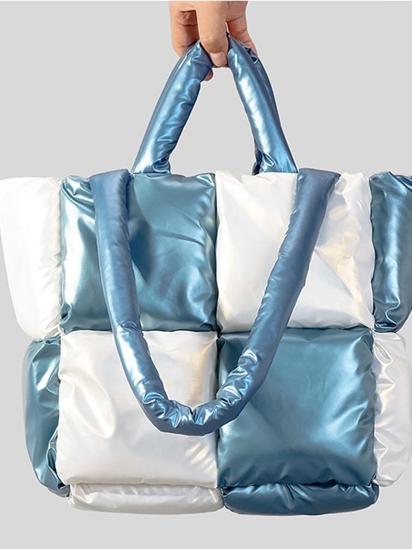 Women Handbags Winter Color Matching Down Cotton-padded Coat Tote Bag Soft Plaid Shoulder Bags