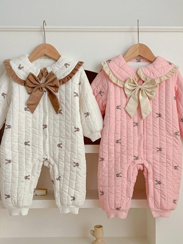 ملابس شتوية للأطفال والرضع، جمبسوت مبطن، رومبير لطيف للغاية، رومبير بفيونكة على الطراز الكوري لحديثي الولادة