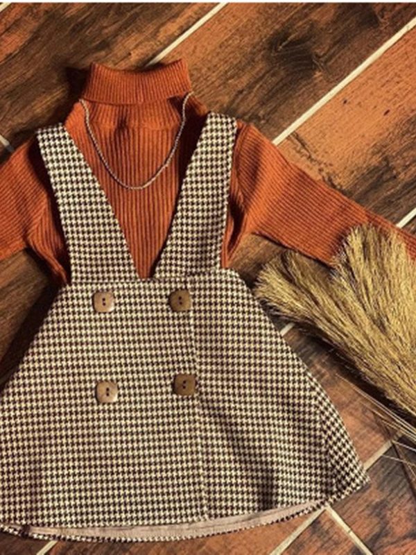 بدلة تنورة من القطن الخالص للبنات بياقة عالية ونقشة مربعات