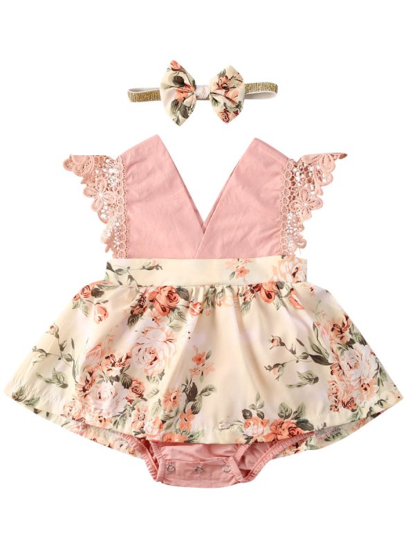 ملابس أميرة للفتيات رومبر للأطفال الفتيات بدلة قصيرة بدون أكمام برقبة على شكل V ومزينة بالدانتيل الزهري طوق رأس للأطفال ملابس صيفية