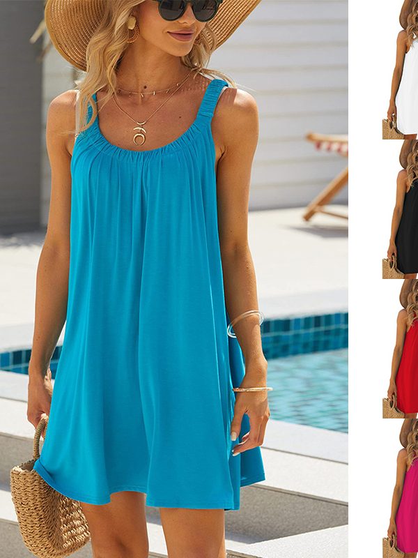 Solid Color Loose Beach Dress Casual Vacation Suspender Dresses Summer Round-neck Womens Clothing