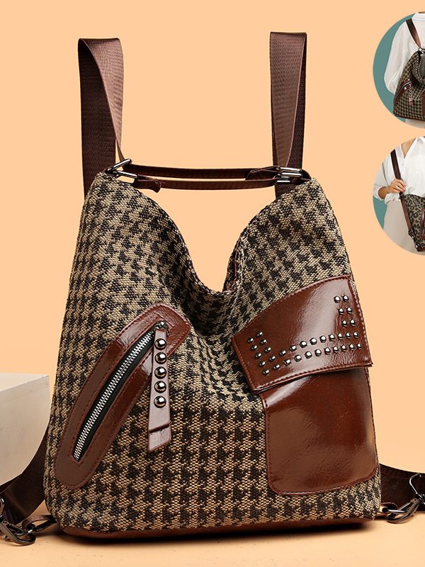 Houndstooth Backpack Women Fashion Rivet Design Leopard Shoulder Bags