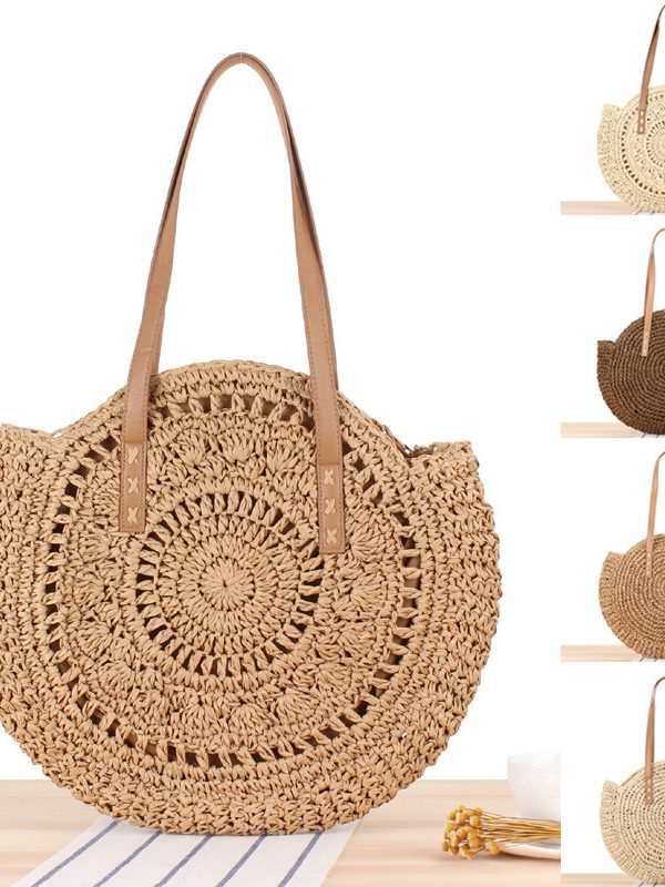 Simple Round Shoulder Bag Straw Handbag Summer Beach Bags