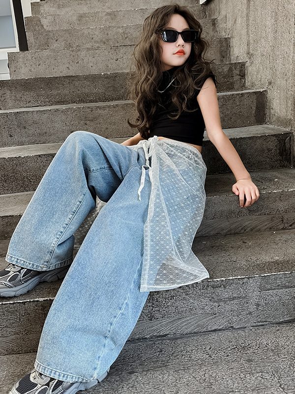 بلوزة جينز دانتيل صيفية للفتيات لرقصة الجاز