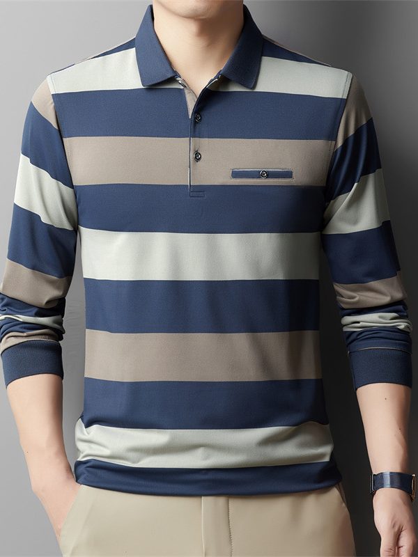 Fashion Colorblock Striped Long Sleeve Lapel T-shirt
